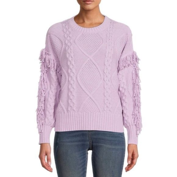 Time and Tru Sweaters - NWT Time and Tru Lavender Purple Fringe Sleeve Crewneck Sweater Sz L 12-14